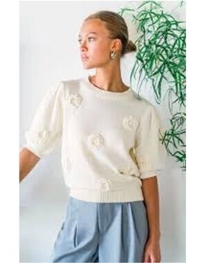 Joie Cream Crochet Floral Puff-Sleeve Crewneck Sweater